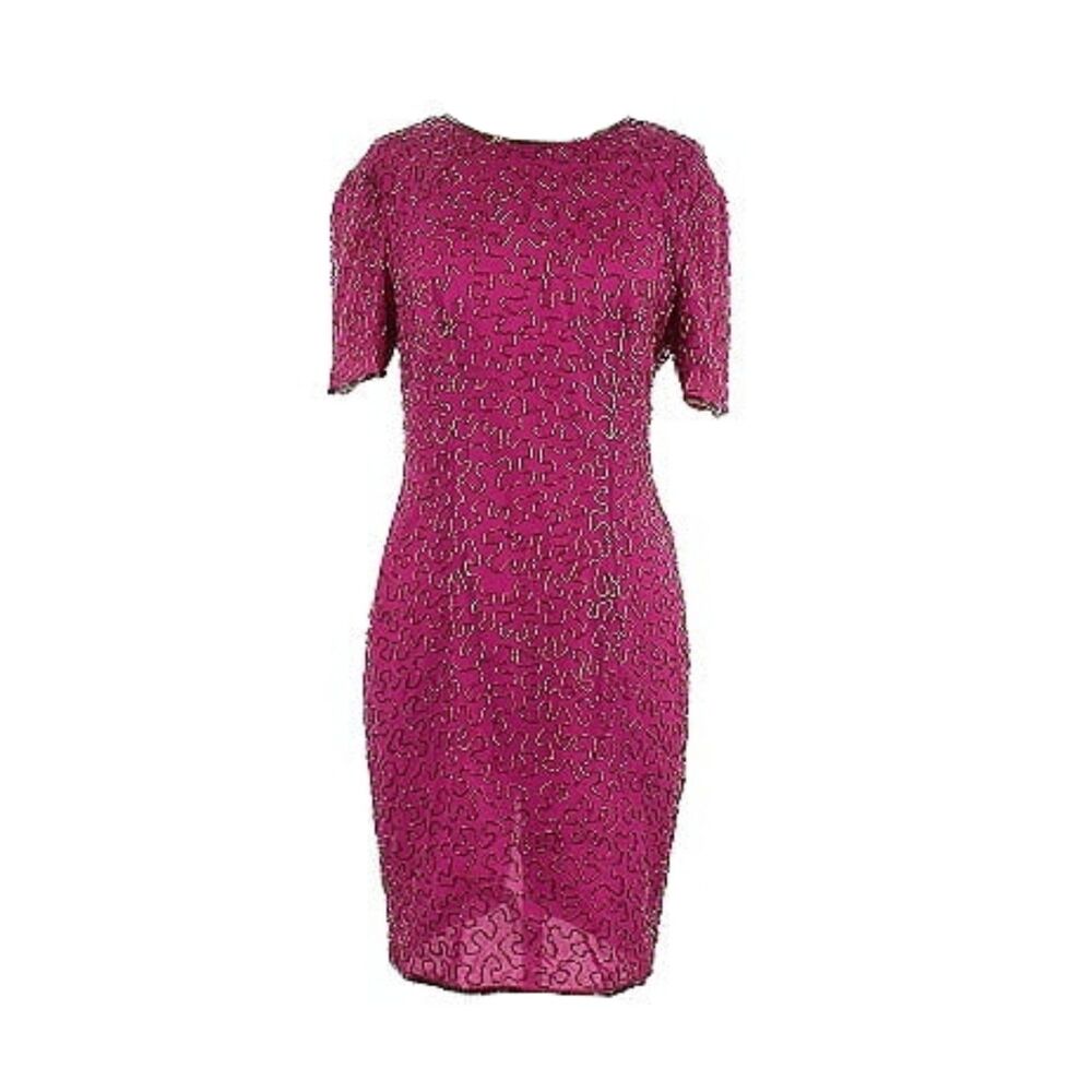Joan Leslie Evening 1980s Fuchsia Pink Silk Beaded Cocktail Dress Size 8